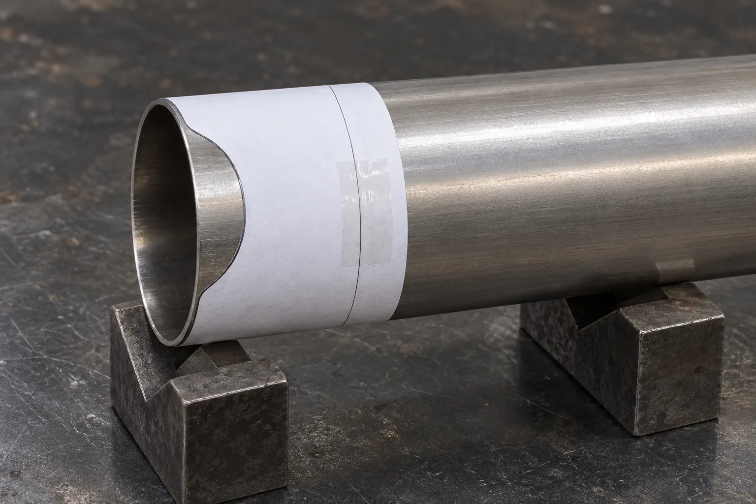A full-scale paper pattern being wrapped around a round tube