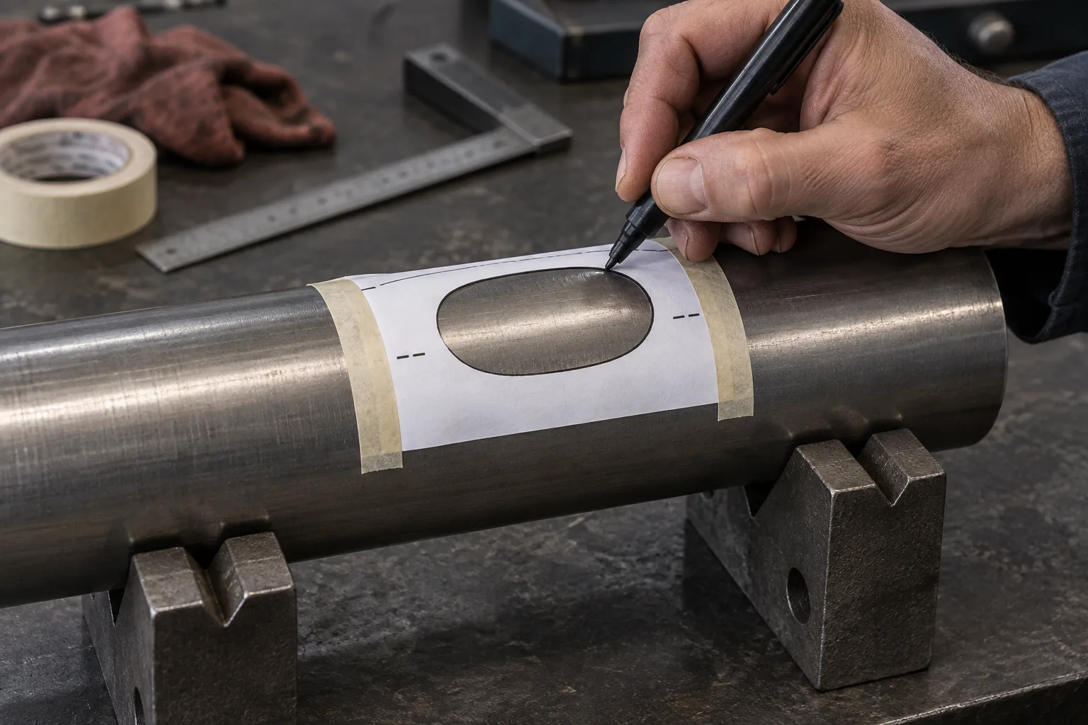 A workshop marking a measured curve on a round tube before cutting