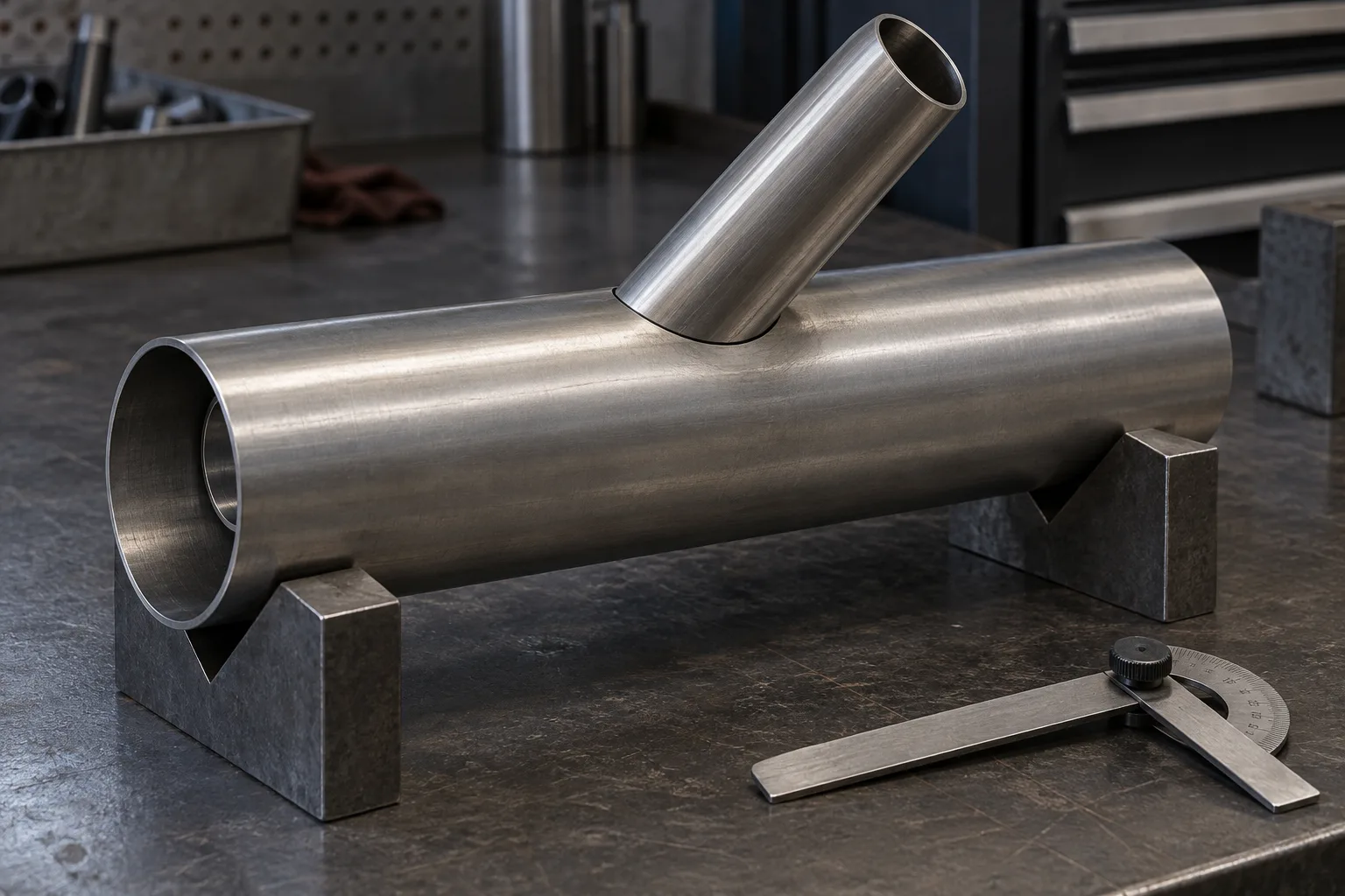 A straight round tube and workshop tools prepared for a final layout check